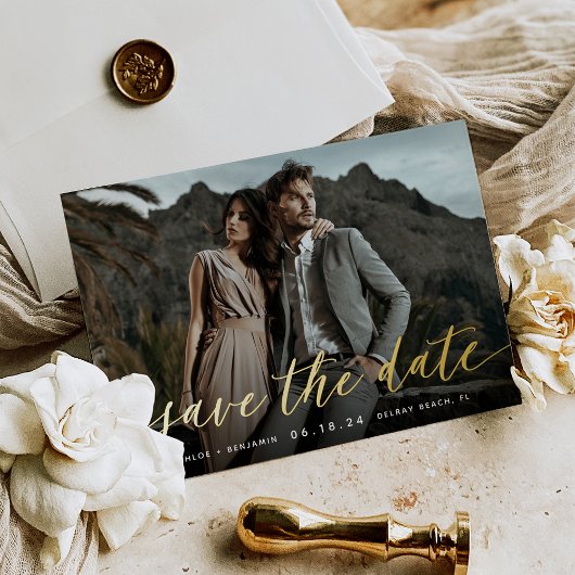 Tijdloze kalligrafie foto slaat de datum op folie uitnodiging