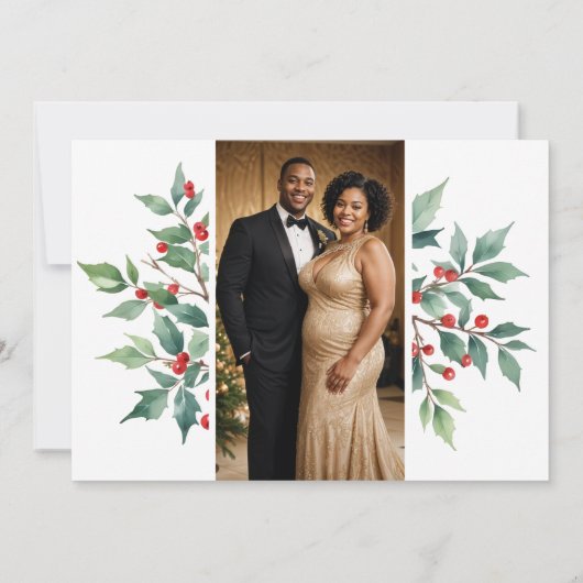 Tijdloze Kerst Holly Branches Fotobruiloft Kaart (Achterkant)