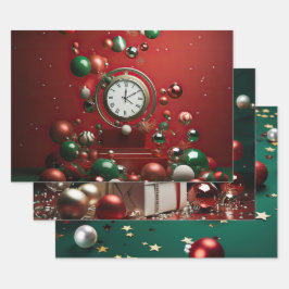 Tijdloze kerst ornament klok inpakpapier vel