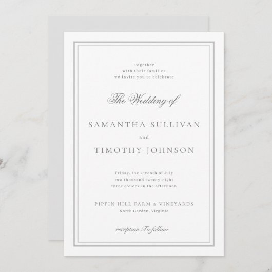Tijdloze klassieke grijze witte rand bruiloft kaart (Voorkant / Achterkant)