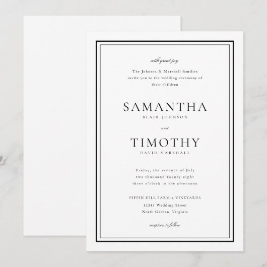 Tijdloze klassieke zwart-witte grens bruiloft kaart (Voorkant / Achterkant)