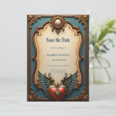 Tijdloze liefde, surrealistische elegantie in stea save the date (Staand voorkant)