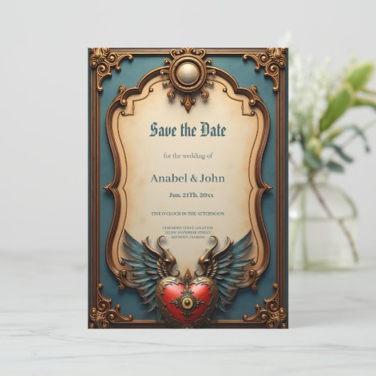 Tijdloze liefde, surrealistische elegantie in stea save the date (Staand voorkant)