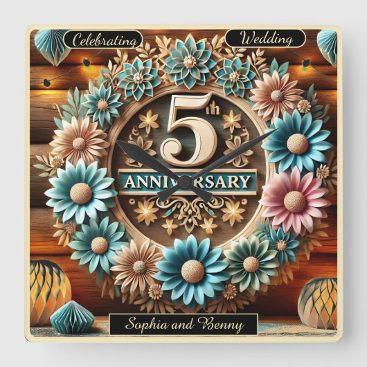 Tijdloze Liefde: Vijfde Jubileum Bloemen Vierkante Klok (Voorkant)