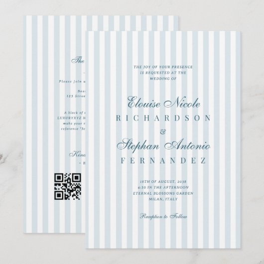 Tijdloze Luxe Script Blauwe Strepen Trouwfeest Kaart (Voorkant / Achterkant)