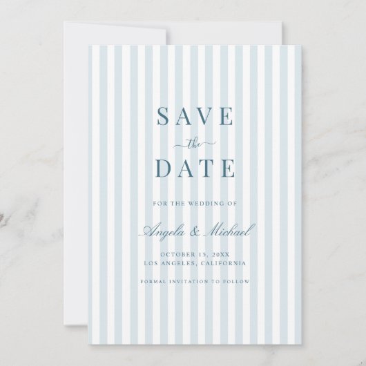 Tijdloze Luxe Script Blauwe Strepen Trouwjurk Save The Date (Voorkant)