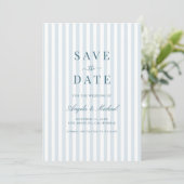 Tijdloze Luxe Script Blauwe Strepen Trouwjurk Save The Date (Staand voorkant)