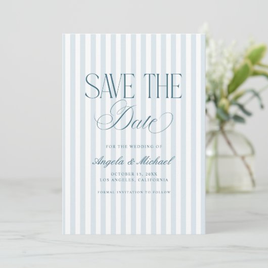 Tijdloze Luxe Script Oude Geld Blauwe Streep Bruil Save The Date (Staand voorkant)
