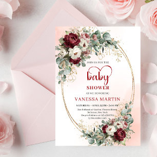 Tijdloze Maroon Bloemige Gouden Baby Shower Uitnod Kaart