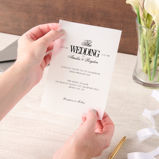 Tijdloze minimalistische zwart wit bruiloft vellum uitnodigingen (Draagbaar)