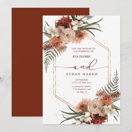 Tijdloze Modern Twist Terracotta Lijst bruiloft Kaart (Voorkant / Achterkant)