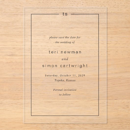 Tijdloze moderne bruiloft Save the Date Acryl Uitnodigingen (Voorkant)