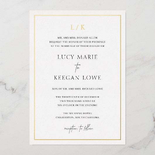 Tijdloze Monogram Elegante Trouw Folie Uitnodiging (Voorkant)