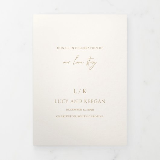 Tijdloze Monogram Ivoren en Gouden Elegante Trouw Drieluik Uitnodiging (Cover)