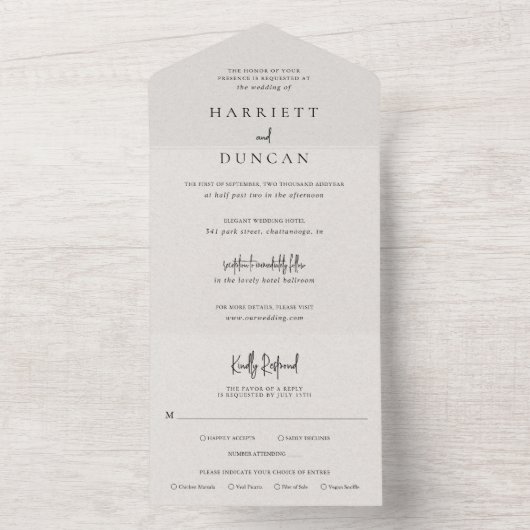 Tijdloze neutrale beige elegante bruiloft all in one uitnodiging (Binnen)