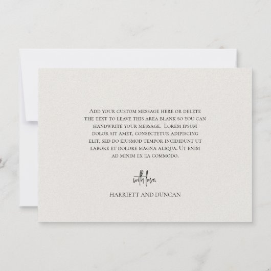 Tijdloze neutrale beige elegante bruiloft bedankkaart (Achterkant)