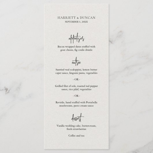 Tijdloze neutrale beige elegante bruiloft menu (Voorkant)