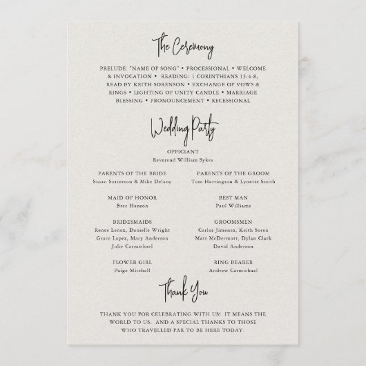 Tijdloze neutrale beige elegante bruiloft programmakaart (Achterkant)