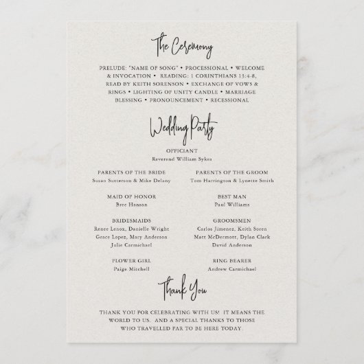 Tijdloze Neutrale Beige Elegante Trouw Programmakaart (Achterkant)