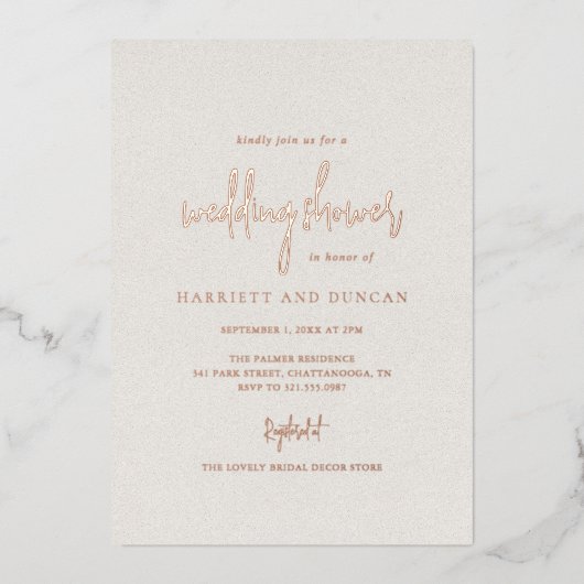 Tijdloze Neutrale Beige Elegante Trouwdouche Folie Uitnodiging (Voorkant)