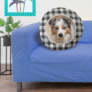 Tijdloze Pet Photo Donkergrijze Buffalo Plaid Art Rond Kussen