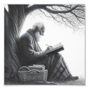 Tijdloze reflectie Ouderen Man met Blanket Reads Foto Afdruk