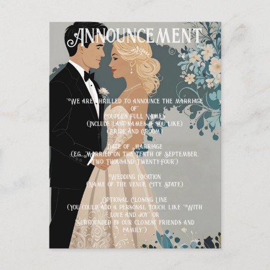 Tijdloze Romance: aquarel bruid en bruidegom Aankondigingskaart (Voorkant)