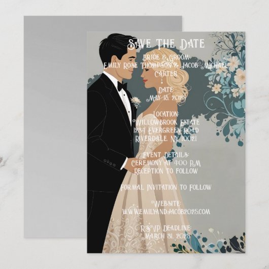 Tijdloze Romance: aquarel bruid en bruidegom Save The Date (Voorkant / Achterkant)