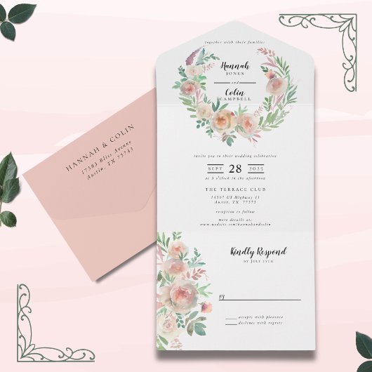 Tijdloze Romance Floral krans bruiloft All In One Uitnodiging