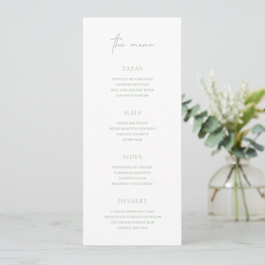 Tijdloze Sage Groene Elegante Trouwdag Menu (Staand voorkant)