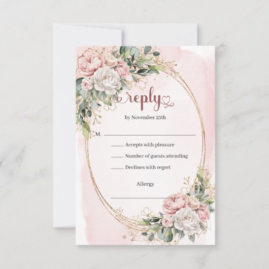 Tijdloze Stof Pink Groene Huwelijks RSVP Kaartje (Voorkant)