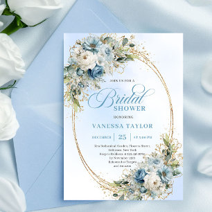 Tijdloze Stofblauwe Bloemrijke Script Bruidsdouche Kaart