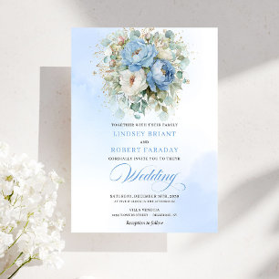 Tijdloze Stofblauwe Witte Bloemen Gouden Bruiloft Kaart