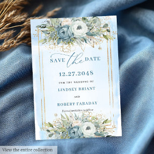 Tijdloze Stofblauwe Witte Gouden Bloem Save Datum Kaart
