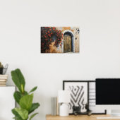 Tijdloze toegang: rustieke deur met rode bloemen poster (Thuiskantoor)