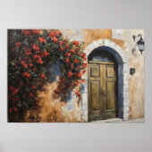 Tijdloze toegang: rustieke deur met rode bloemen poster (Voorkant)
