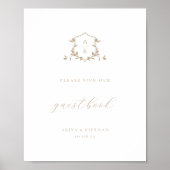 Tijdloze Vines Beige Crest Guest Book Sign Poster (Voorkant)