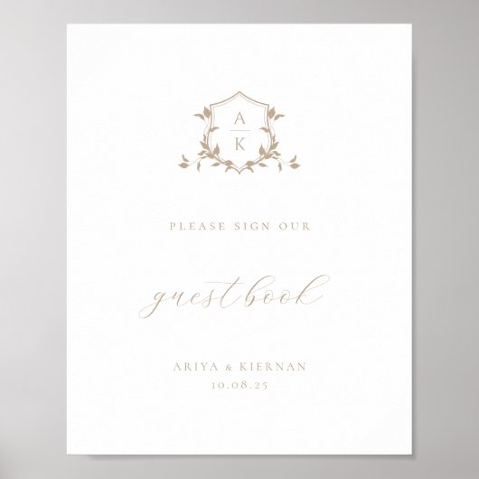 Tijdloze Vines Beige Crest Guest Book Sign Poster (Voorkant)