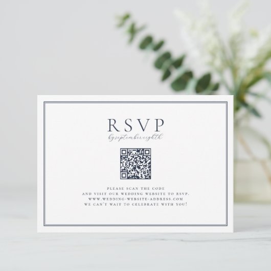 Tijdloze Vines Marine Blue Crest QR-code RSVP Kaartje (Staand voorkant)