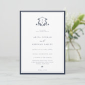Tijdloze Vines Marine Monogram Crest Wedding Kaart (Staand voorkant)