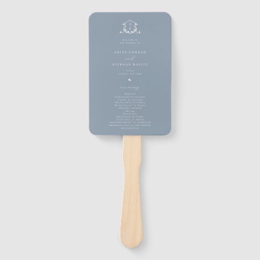 Tijdloze Vines Monogram Crest Dusty Blue Programma Handwaaier (Voorkant)