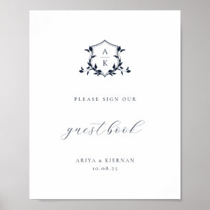 Tijdloze Vines Navy Crest Guest Book Sign Poster