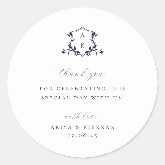 Tijdloze Vines Navy Crest Wedding Monogram Ronde Sticker (Voorkant)