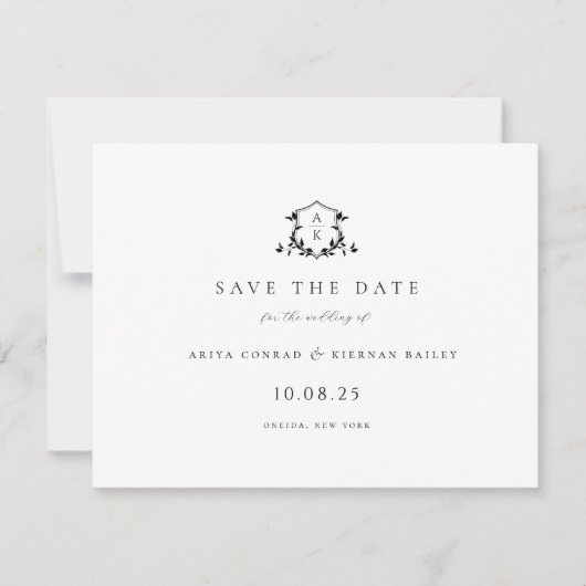 Tijdloze Vines Zwart Crest Monogram Foto Save The Date (Voorkant)