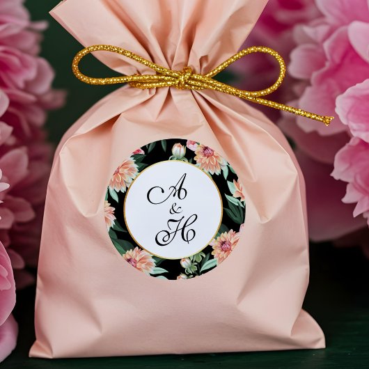 Tijdloze Waterverf Bloemen Huwelijk Monogram Ronde Sticker