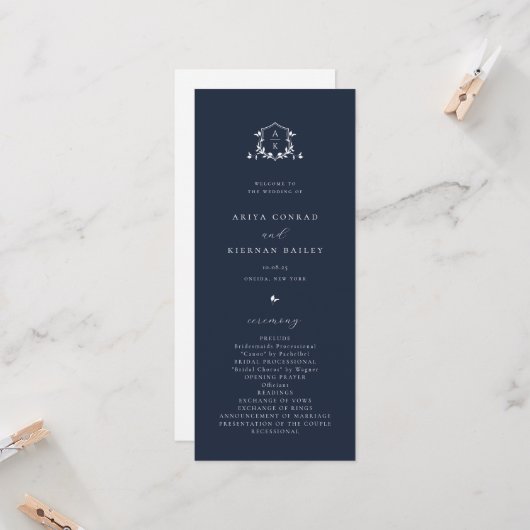 Tijdloze Wijnstok Monogram Wapen Navyblauw Program Kaart (Voorkant / Achterkant in situ)