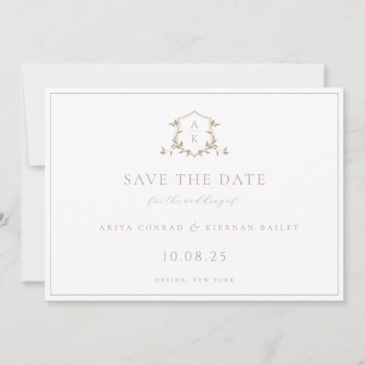 Tijdloze wijnstokken beige kuif monogram bruiloft save the date (Voorkant)
