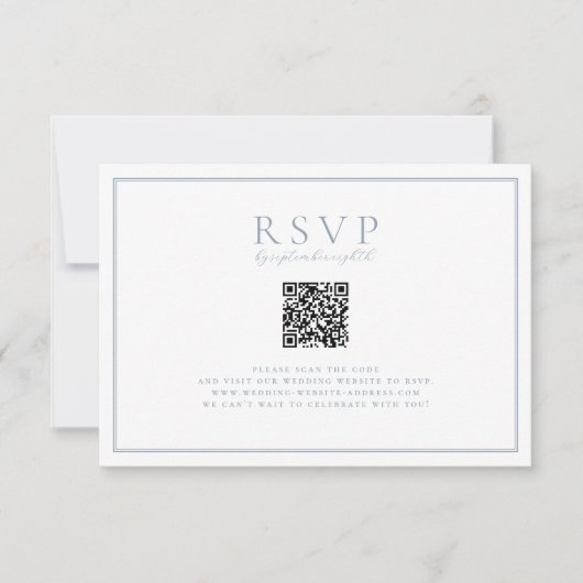 Tijdloze Wijnstokken Stoffig Blauw Crest QR Code RSVP Kaartje (Voorkant)