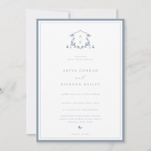 Tijdloze Wijnstokken Stoffig Blauw Monogram Bruilo Kaart (Voorkant)