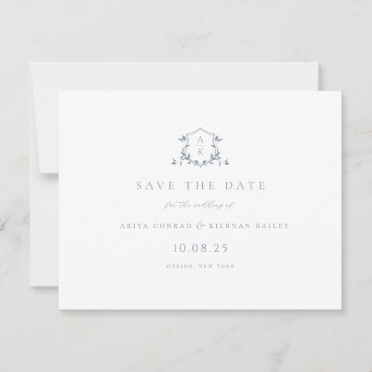 Tijdloze wijnstokken stoffige blauwe kuif monogram save the date (Voorkant)